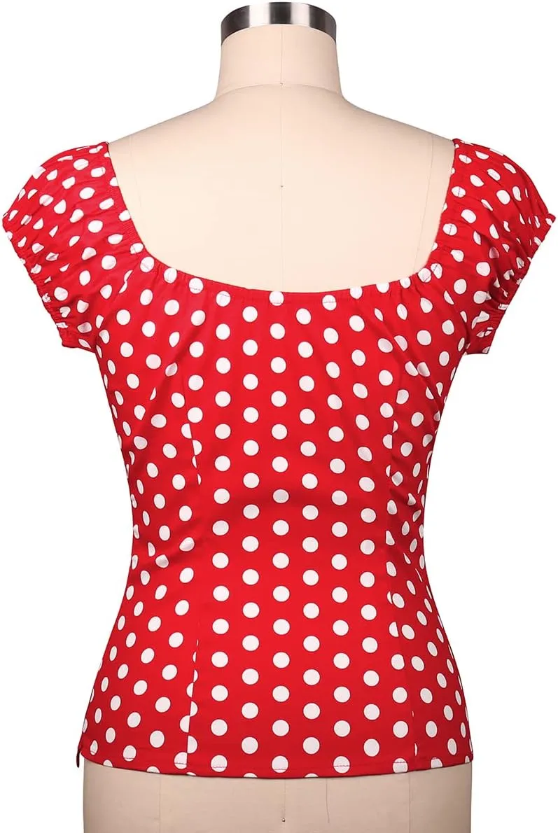 YARN & INK Women's Pinup Shirt 1950s Vintage Rockabilly Puff Sleeve BowBlouse Off Shoulder Tops