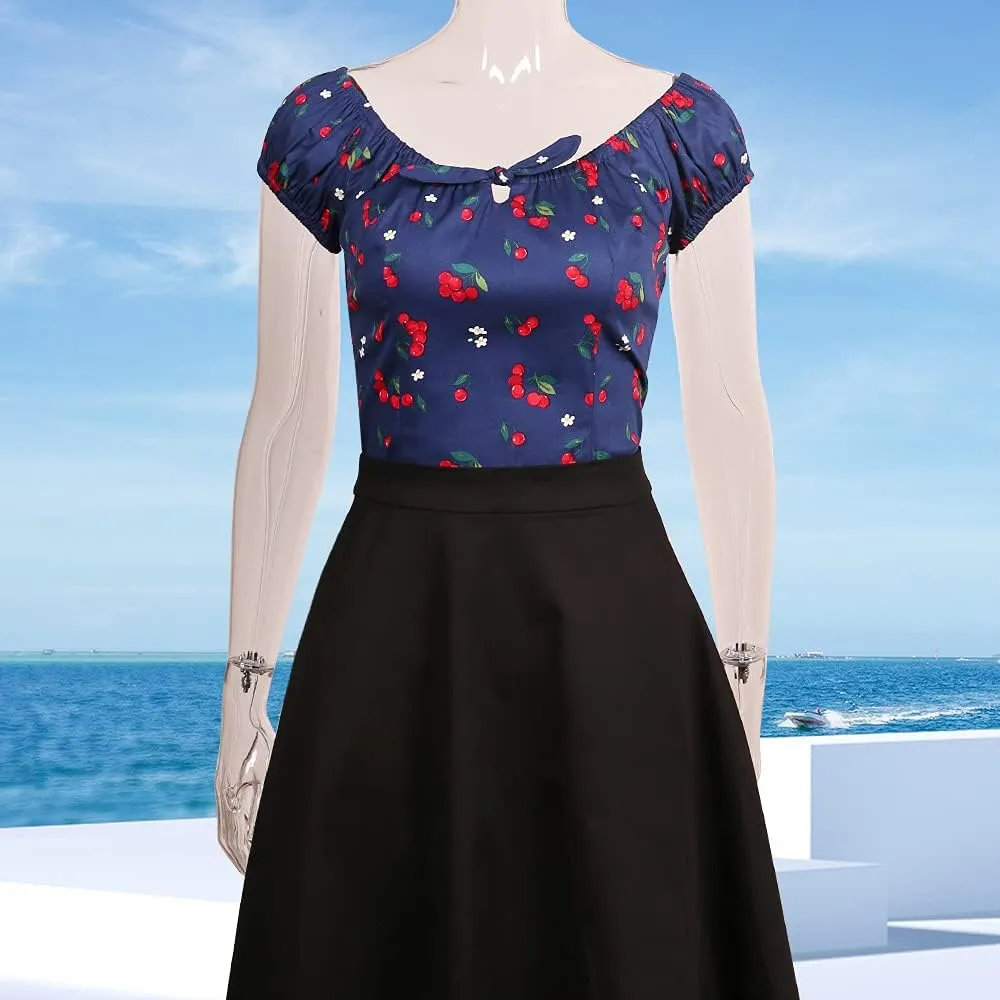 YARN & INK Women's Pinup Shirt 1950s Vintage Rockabilly Puff Sleeve BowBlouse Off Shoulder Tops
