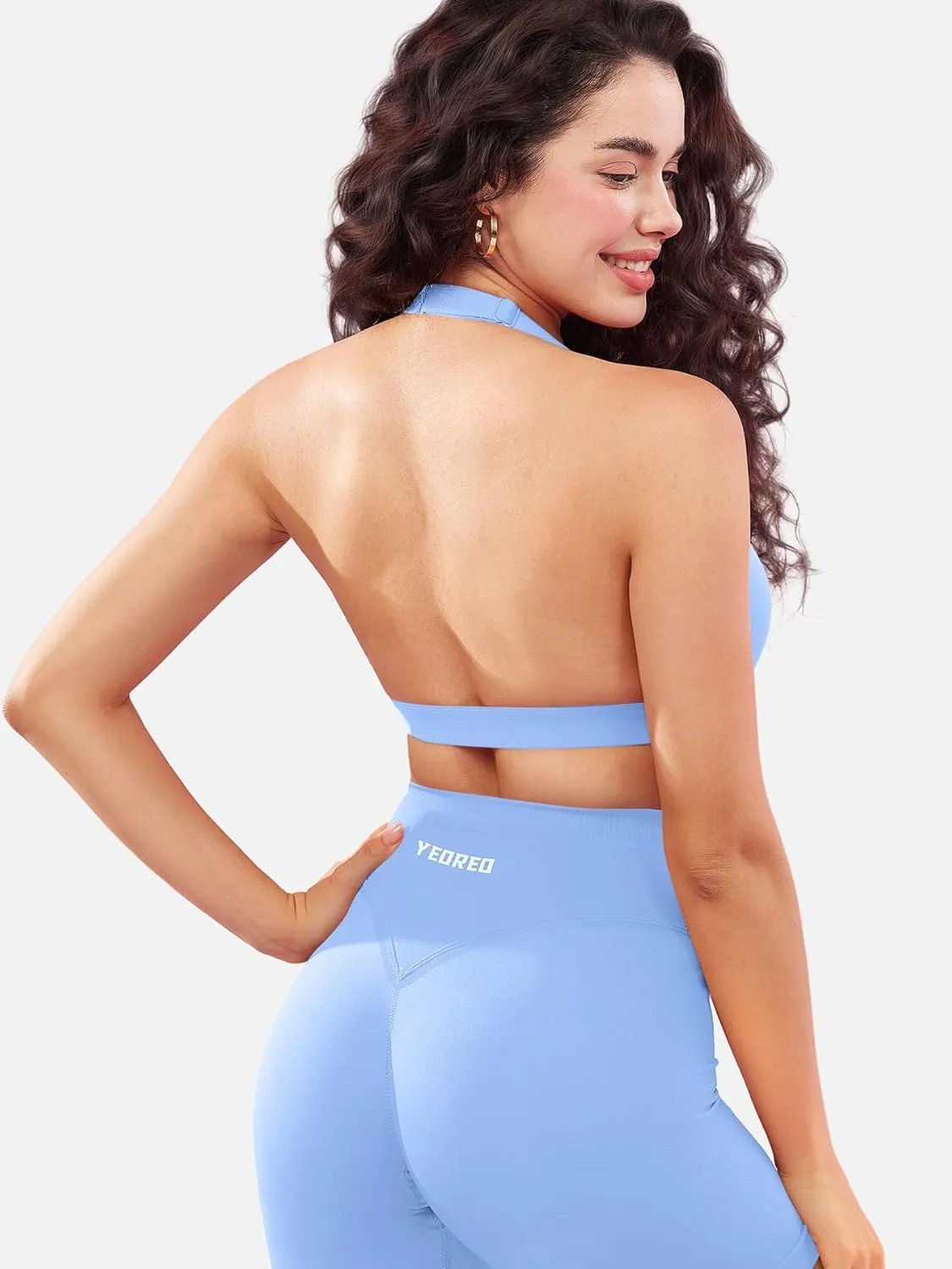YEOREO Roxanie Women Halter Sports Bra Scoop Neck Removable Padded Open Back Yoga Workout Crop Tank Top