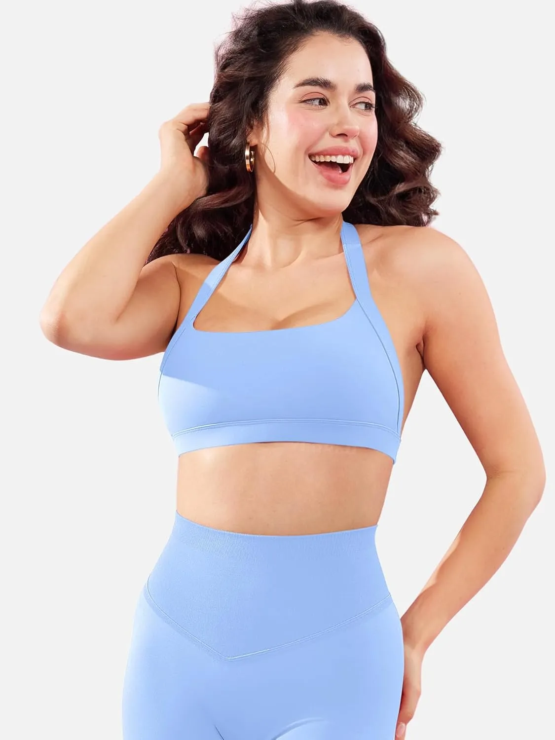 YEOREO Roxanie Women Halter Sports Bra Scoop Neck Removable Padded Open Back Yoga Workout Crop Tank Top