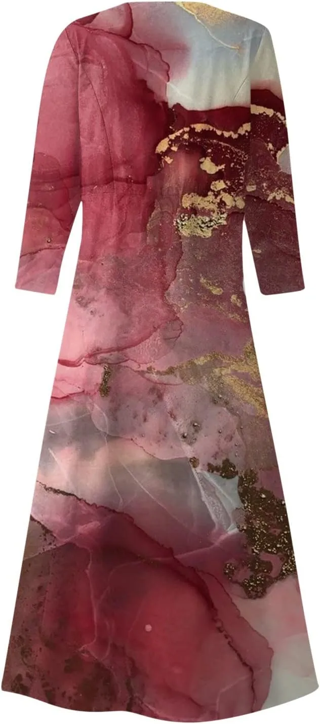 Yesunpxs 3/4 Sleeve Dresses for Women Summer Flowy Long Dress Casual Beach Sundresses Printed Boho Maxi Dresses with Pockets
