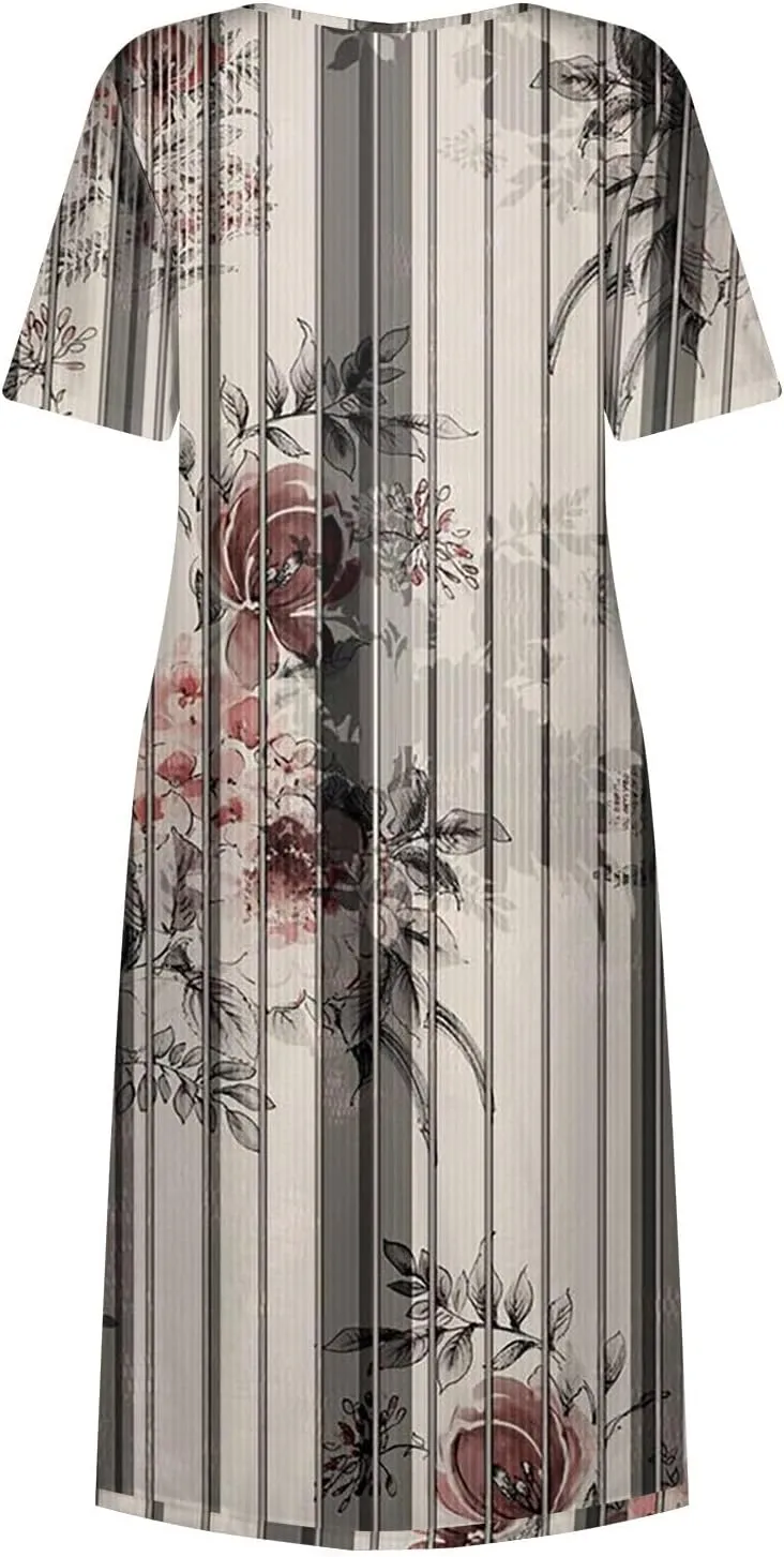 Yesunpxs Summer Dresses for Women Floral Print Loose Maxi Dress Casual Short Sleeves Sundresses Round Neck Beach Dress with
