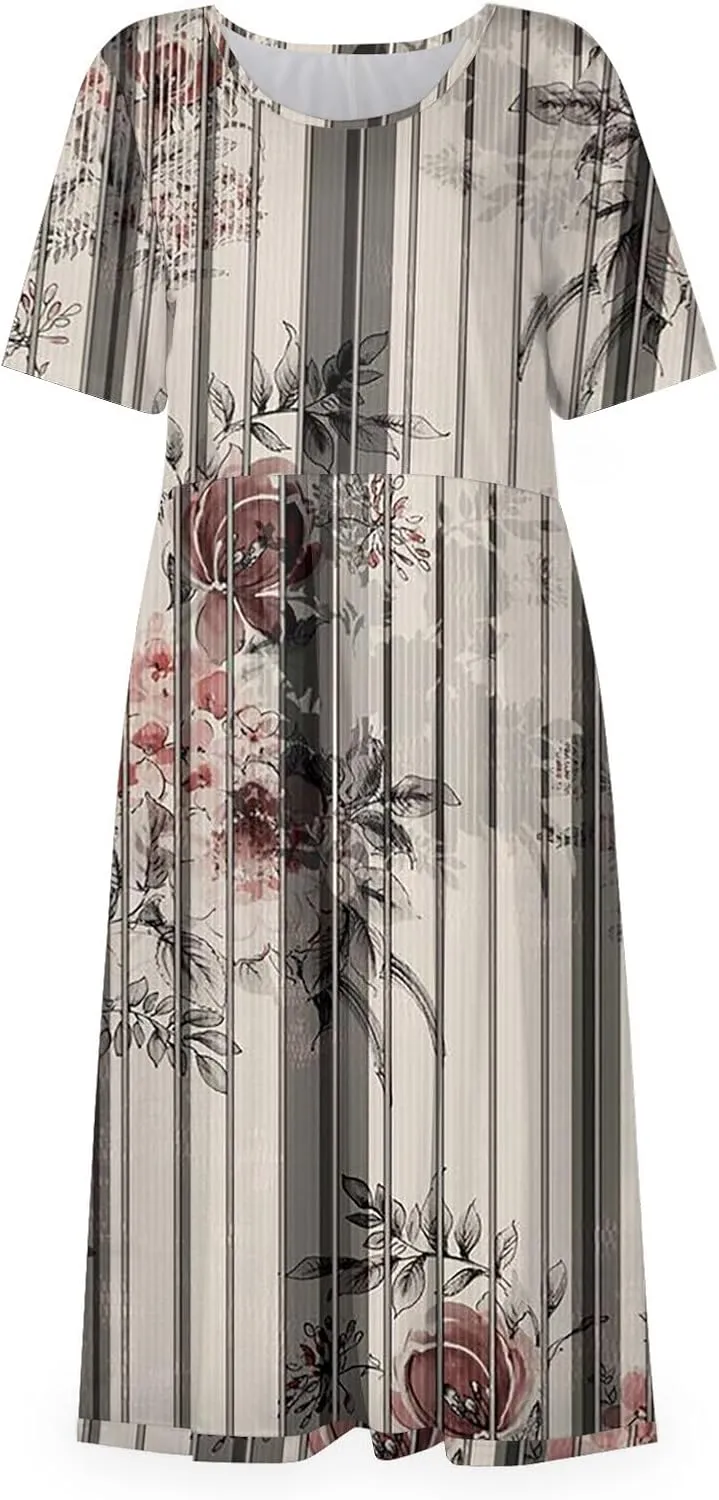 Yesunpxs Summer Dresses for Women Floral Print Loose Maxi Dress Casual Short Sleeves Sundresses Round Neck Beach Dress with
