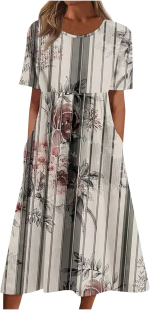 Yesunpxs Summer Dresses for Women Floral Print Loose Maxi Dress Casual Short Sleeves Sundresses Round Neck Beach Dress with