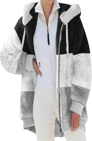 YMING Womens Winter Faux Fur Shaggy Jacket Warm Zip Up Hooded Coat Oversized Shearling Outwear with Pockets