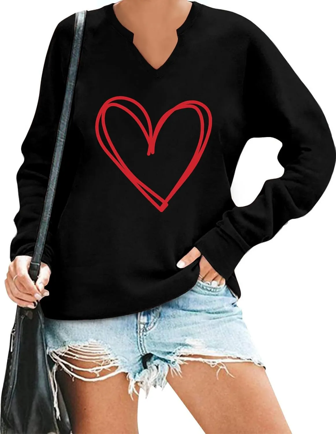 Ymoshoe Women V-Neck Valentine Sweatshirt Love Heart Elbow Patch Shirts Gift for Her