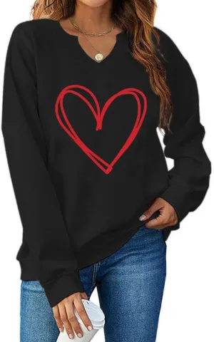 Ymoshoe Women V-Neck Valentine Sweatshirt Love Heart Elbow Patch Shirts Gift for Her
