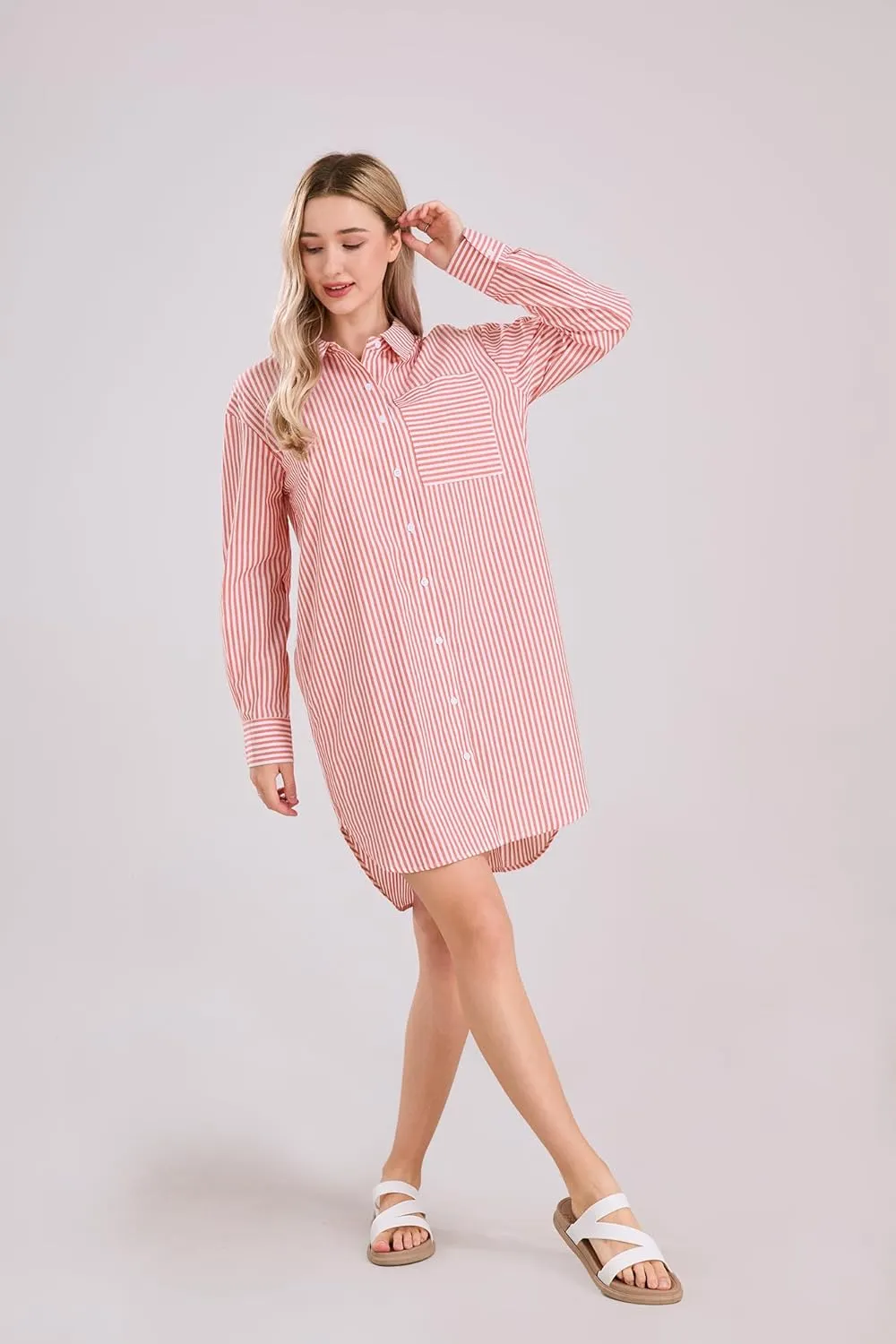 yoeasy Women's Casual Loose Long Sleeve Striped Button Down Mini Shirts Dress with Pocket