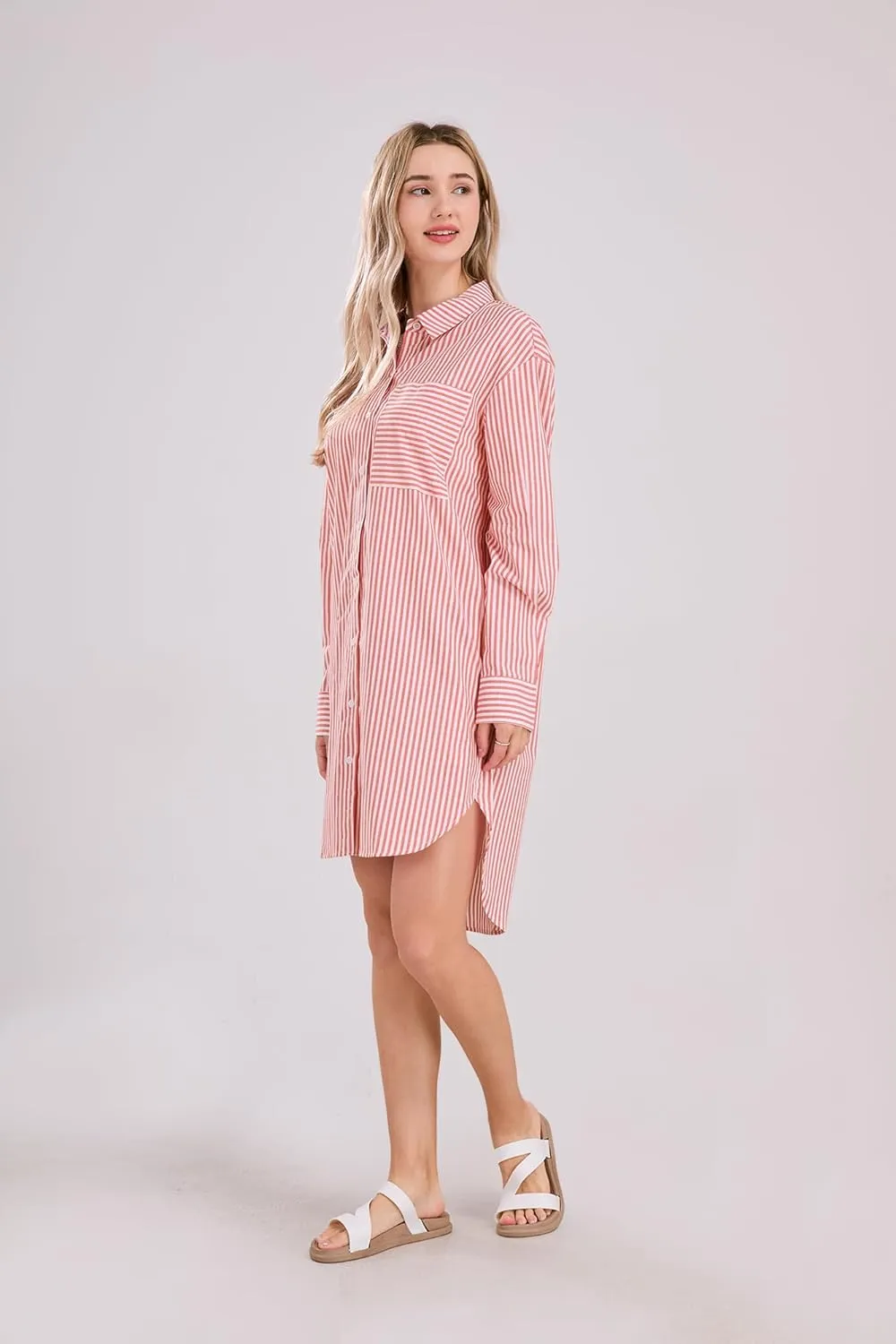 yoeasy Women's Casual Loose Long Sleeve Striped Button Down Mini Shirts Dress with Pocket