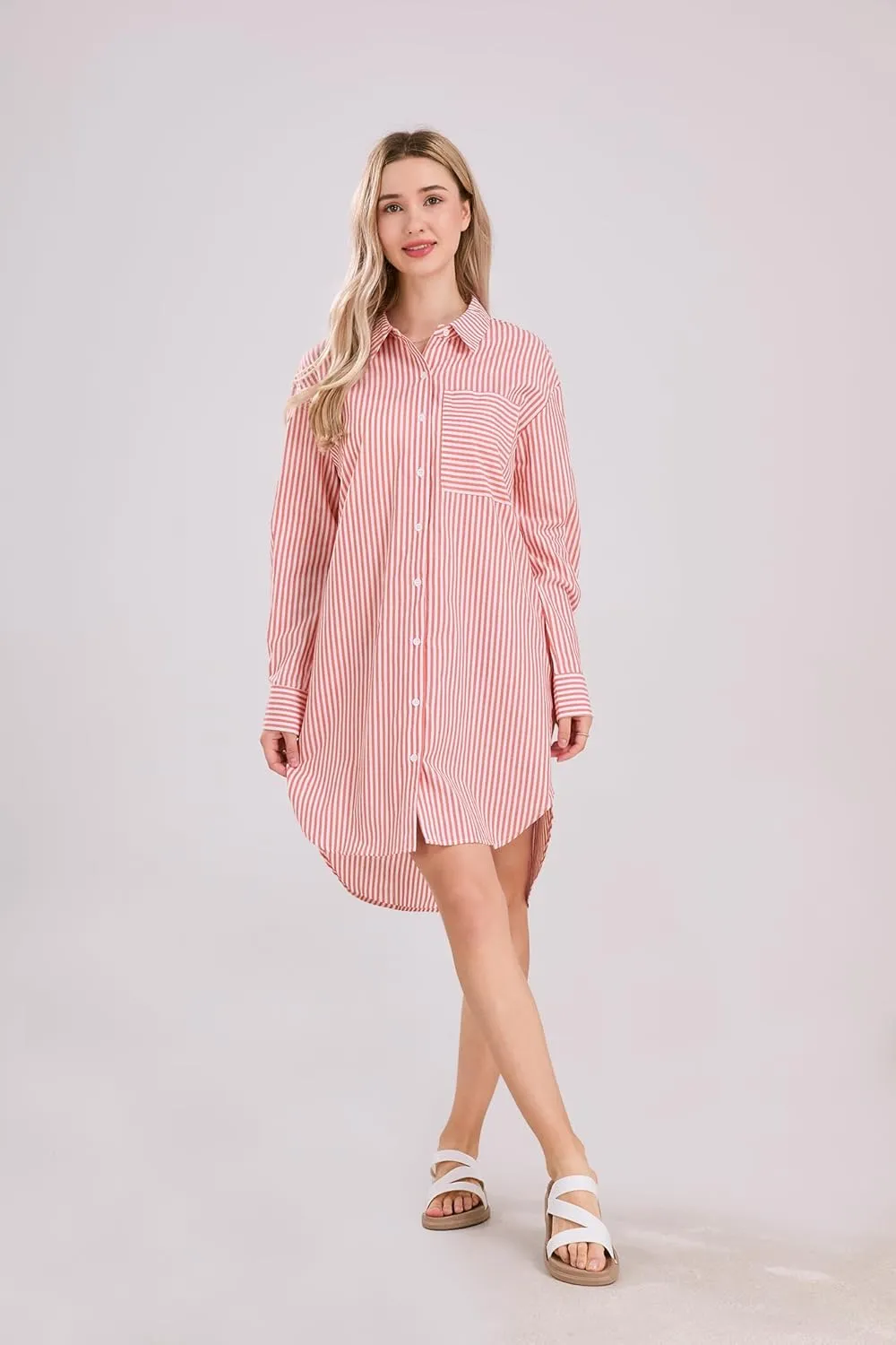 yoeasy Women's Casual Loose Long Sleeve Striped Button Down Mini Shirts Dress with Pocket