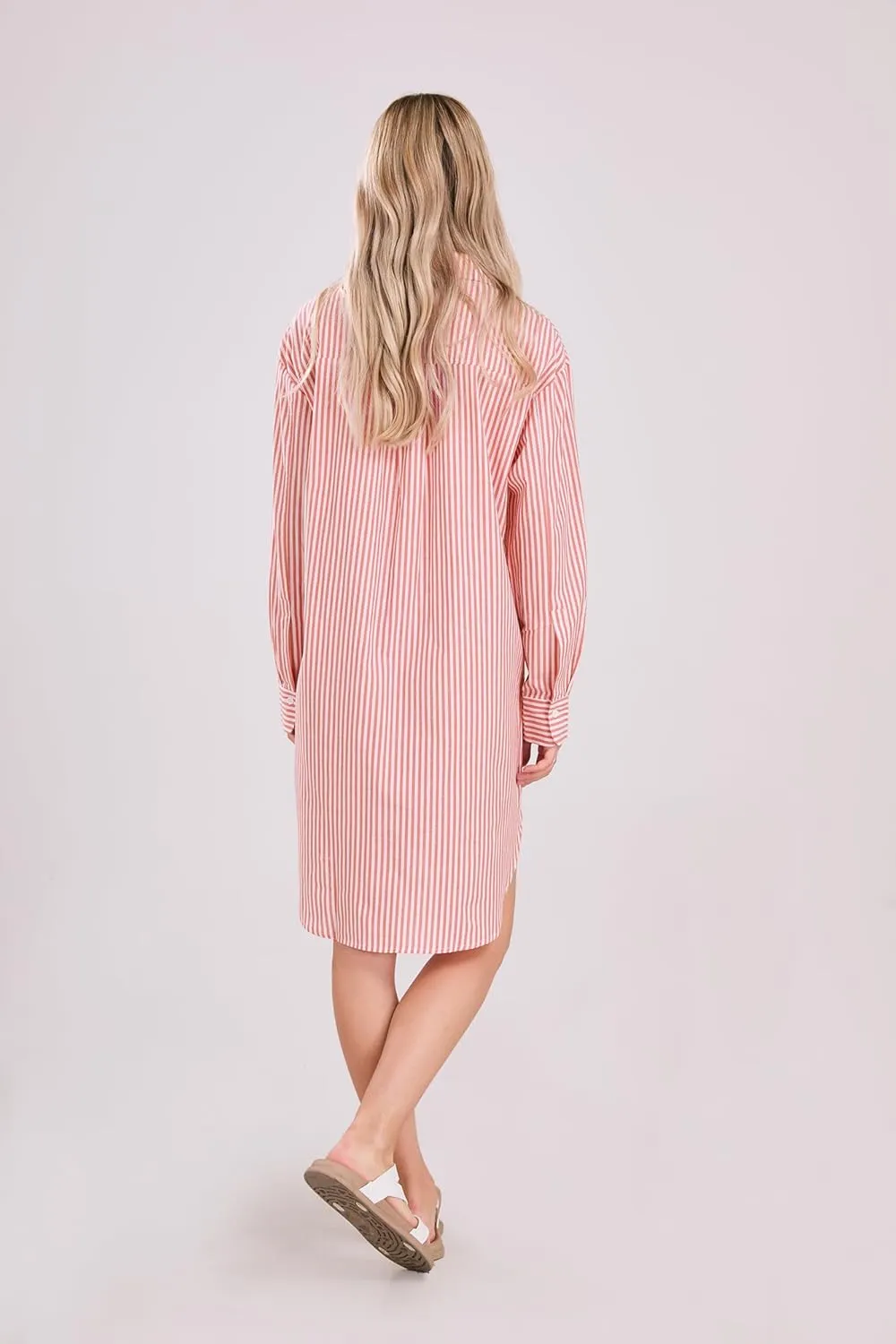 yoeasy Women's Casual Loose Long Sleeve Striped Button Down Mini Shirts Dress with Pocket
