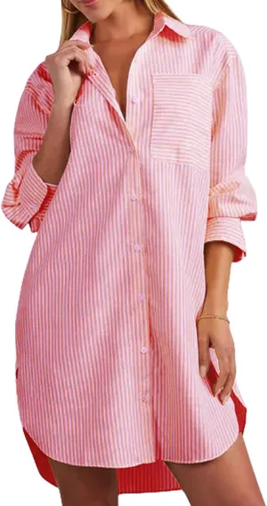 yoeasy Women's Casual Loose Long Sleeve Striped Button Down Mini Shirts Dress with Pocket