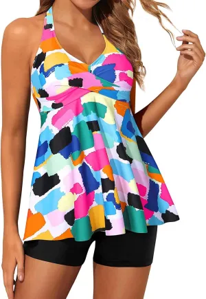 Yonique Two Piece Tankini Swimsuits for Women with Shorts Halter V Neck Bathing Suits Flowy Twist Front Swimwear