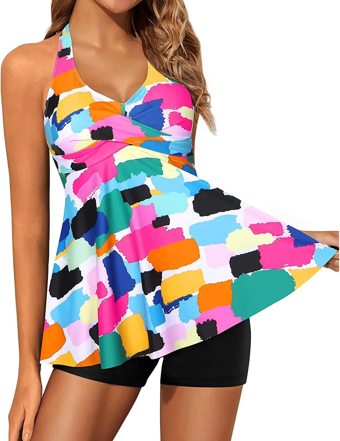 Yonique Two Piece Tankini Swimsuits for Women with Shorts Halter V Neck Bathing Suits Flowy Twist Front Swimwear
