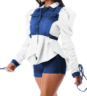 YOOTIKO Women Button Down Patchwork Shirt Y2K Casual Denim Jacket Long Sleeve Crop Top