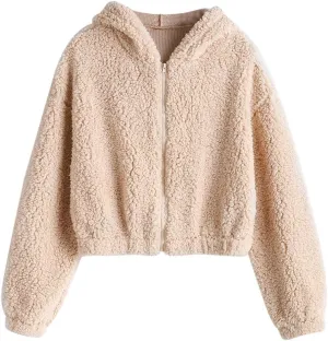 ZAFUL Women's Hooded Zip Up Faux Shearling Fluffy Teddy Jacket Coat