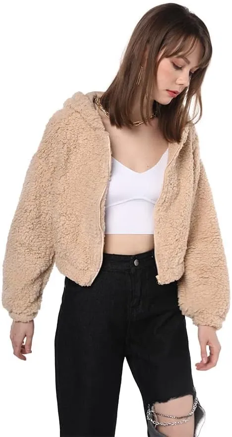 ZAFUL Women's Hooded Zip Up Faux Shearling Fluffy Teddy Jacket Coat
