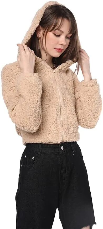 ZAFUL Women's Hooded Zip Up Faux Shearling Fluffy Teddy Jacket Coat