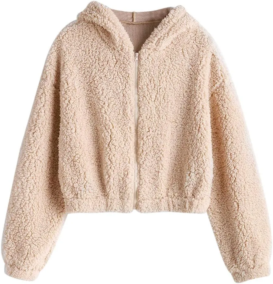 ZAFUL Women's Hooded Zip Up Faux Shearling Fluffy Teddy Jacket Coat