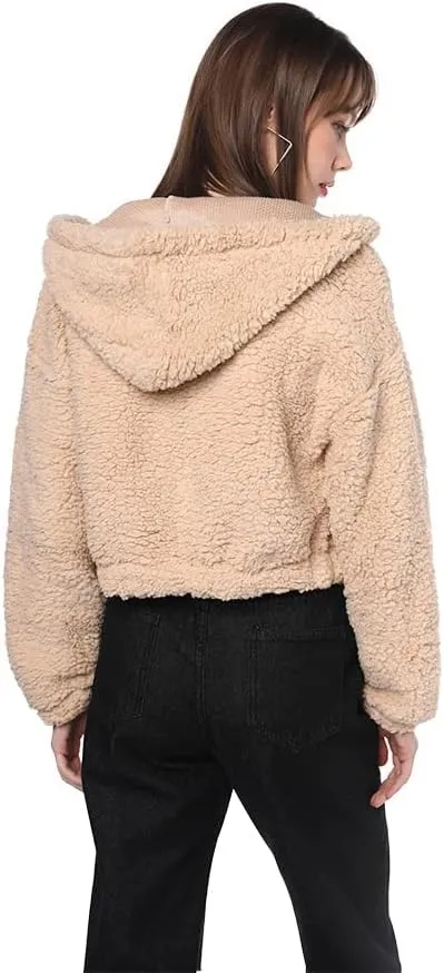 ZAFUL Women's Hooded Zip Up Faux Shearling Fluffy Teddy Jacket Coat