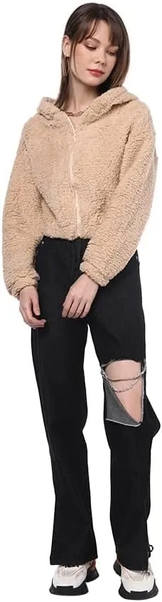 ZAFUL Women's Hooded Zip Up Faux Shearling Fluffy Teddy Jacket Coat