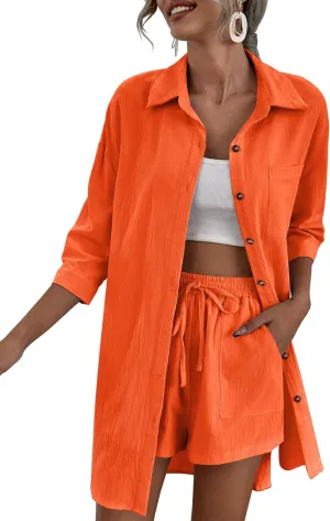 Zeagoo Womens 2 Piece Lounge Tracksuit Outfit Sets Cotton Linen High Low Shirt and Drawstring Casual Shorts Set