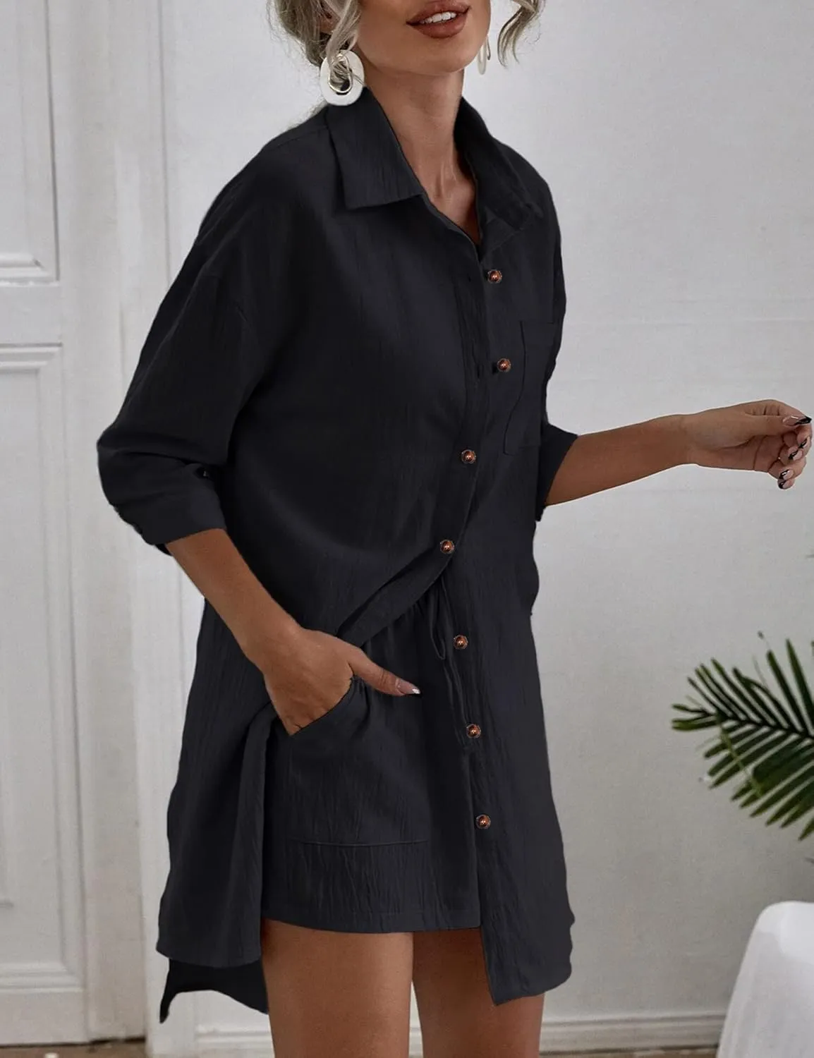 Zeagoo Womens 2 Piece Lounge Tracksuit Outfit Sets Cotton Linen High Low Shirt and Drawstring Casual Shorts Set