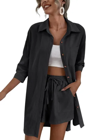 Zeagoo Womens 2 Piece Lounge Tracksuit Outfit Sets Cotton Linen High Low Shirt and Drawstring Casual Shorts Set