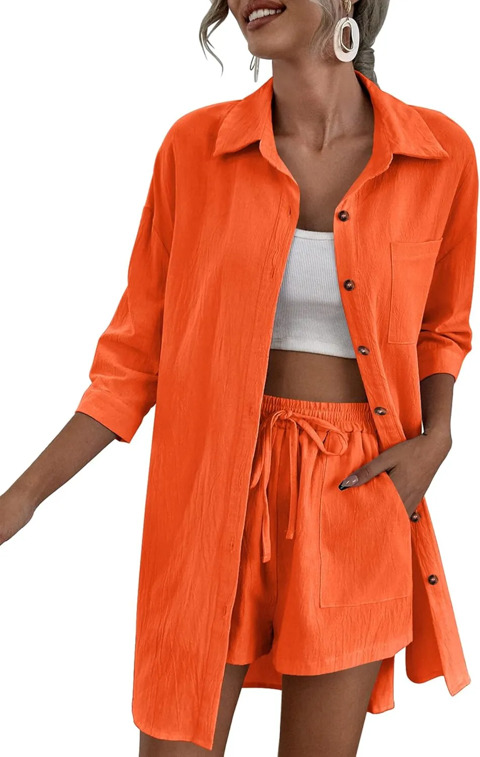 Zeagoo Womens 2 Piece Lounge Tracksuit Outfit Sets Cotton Linen High Low Shirt and Drawstring Casual Shorts Set