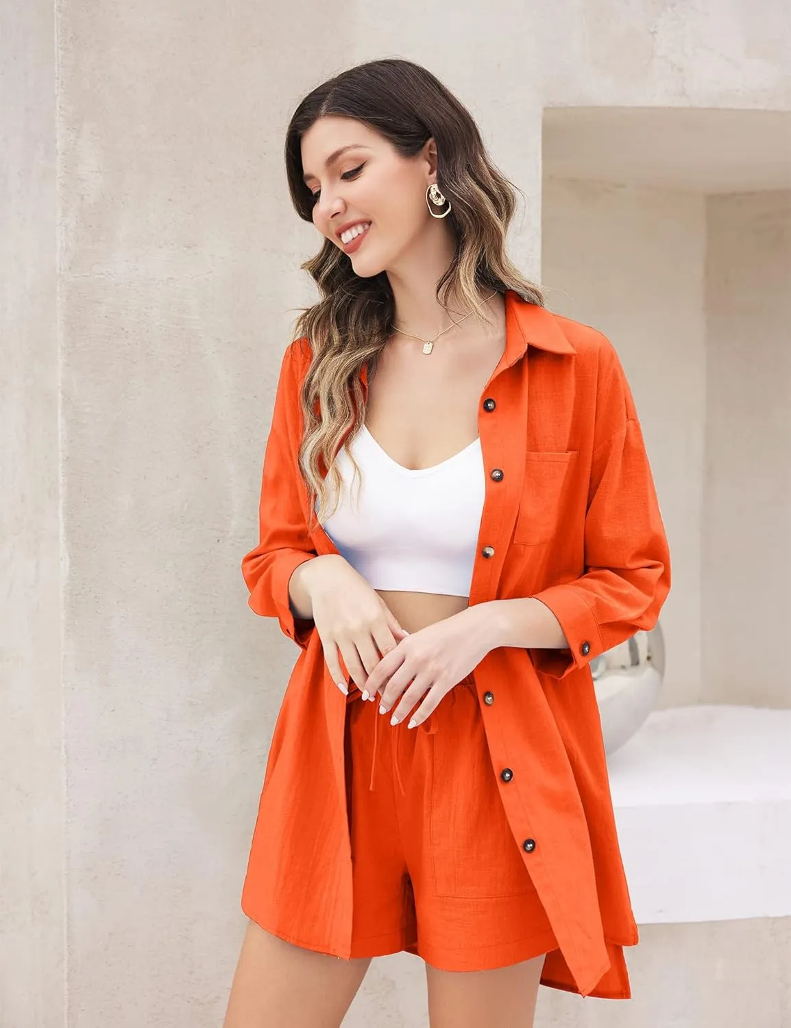 Zeagoo Womens 2 Piece Lounge Tracksuit Outfit Sets Cotton Linen High Low Shirt and Drawstring Casual Shorts Set