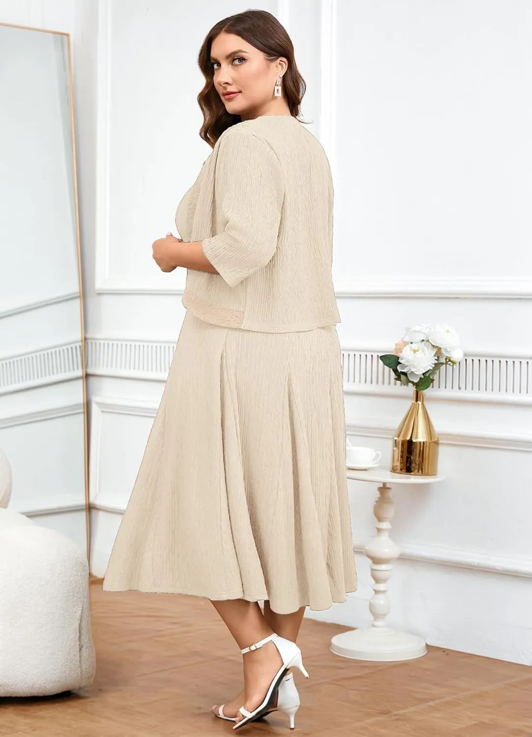 ZOMVA Plus Size Mother of The Bride Groom Dresses for Curvy Women 2 Piece Wedding Guest Dress with Jacket Tea Length