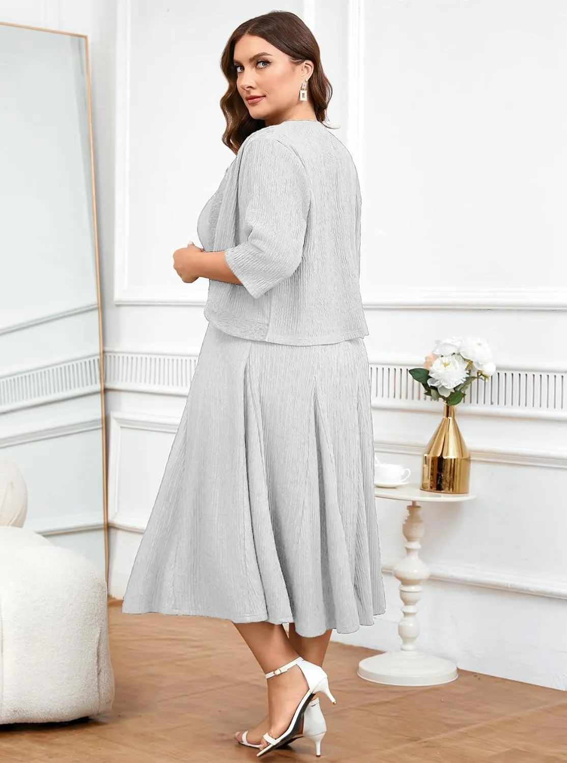ZOMVA Plus Size Mother of The Bride Groom Dresses for Curvy Women 2 Piece Wedding Guest Dress with Jacket Tea Length