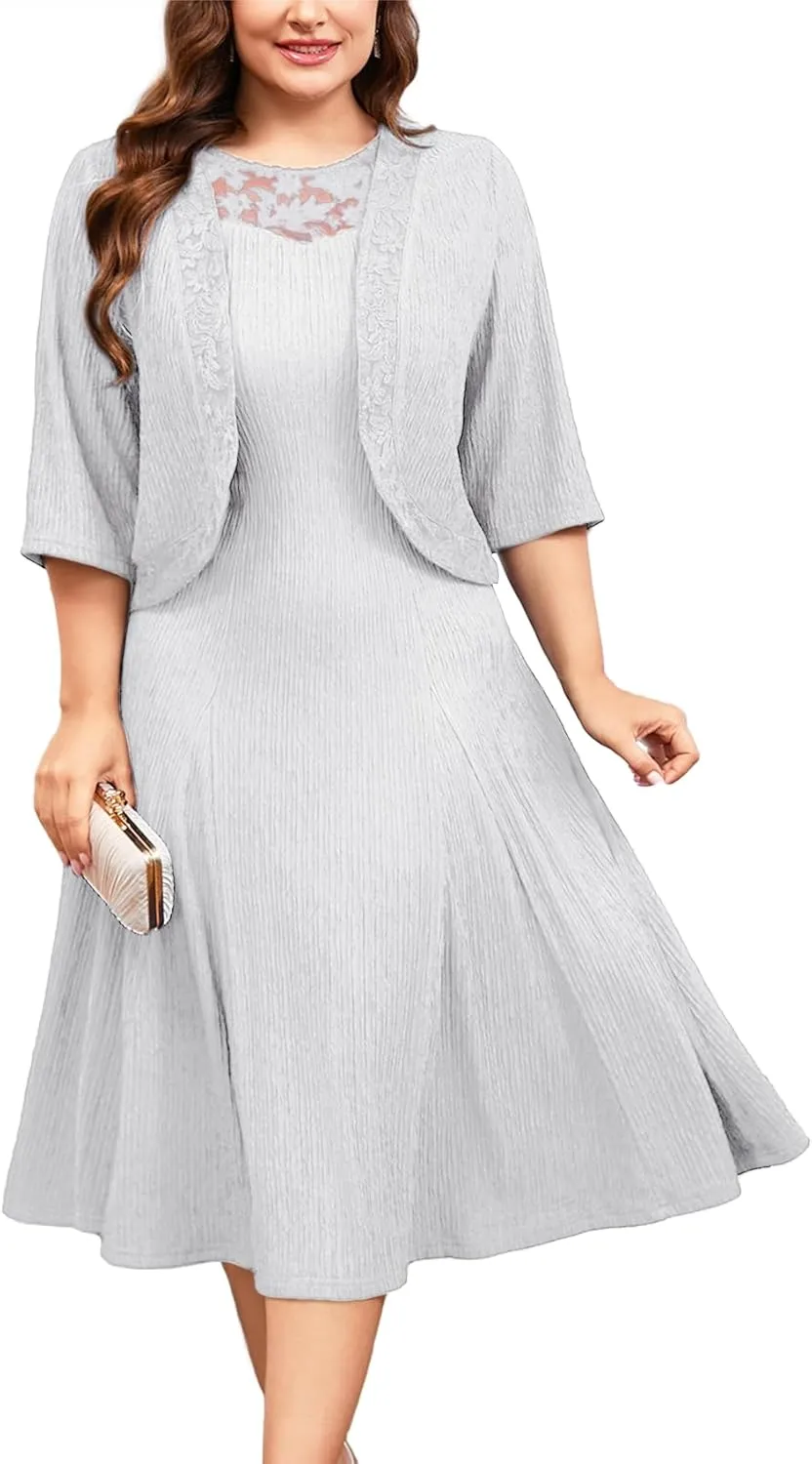 ZOMVA Plus Size Mother of The Bride Groom Dresses for Curvy Women 2 Piece Wedding Guest Dress with Jacket Tea Length