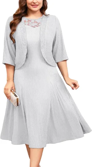 ZOMVA Plus Size Mother of The Bride Groom Dresses for Curvy Women 2 Piece Wedding Guest Dress with Jacket Tea Length
