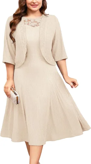 ZOMVA Plus Size Mother of The Bride Groom Dresses for Curvy Women 2 Piece Wedding Guest Dress with Jacket Tea Length