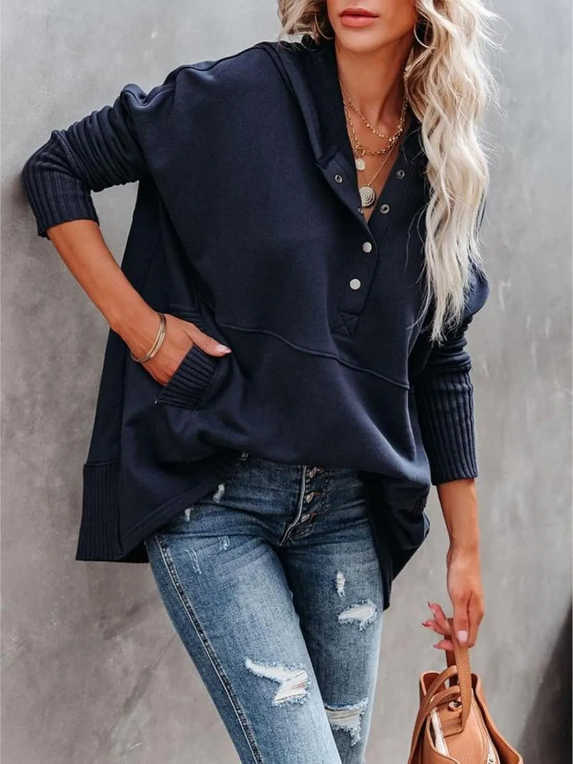 Zwurew Hoodies for Women Oversized Sweatshirt Pullover Long Sleeve Tops Henley Shirt with Pocket